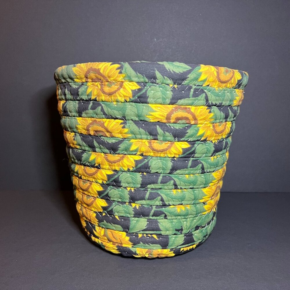 Vintage Green Yellow Fabric Floral Sunflower Print Planter Cache / Waste Basket